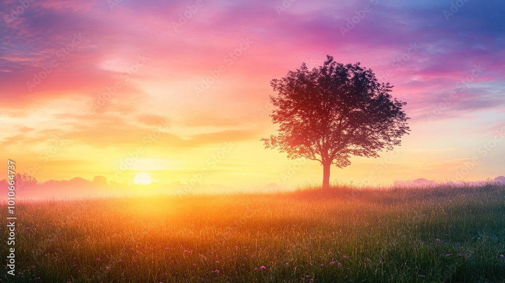 Fototapeta premium Serene Sunset Over a Vibrant Landscape with a Tree