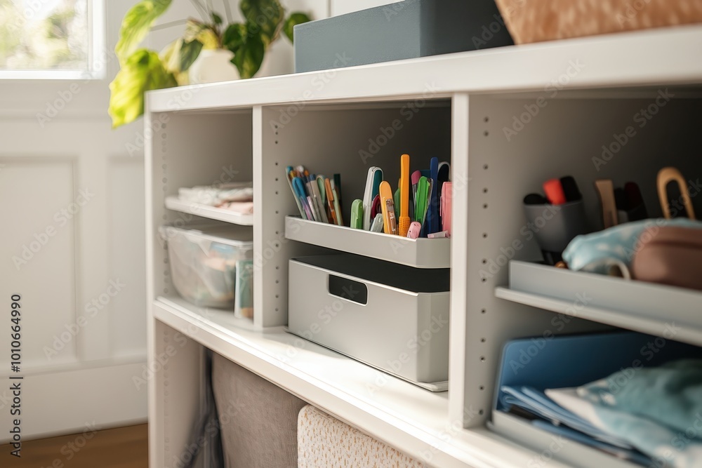 A tidy workspace with organized supplies and plants for a productive environment. A tidy workspace with organized supplies and plants for a productive environment.
