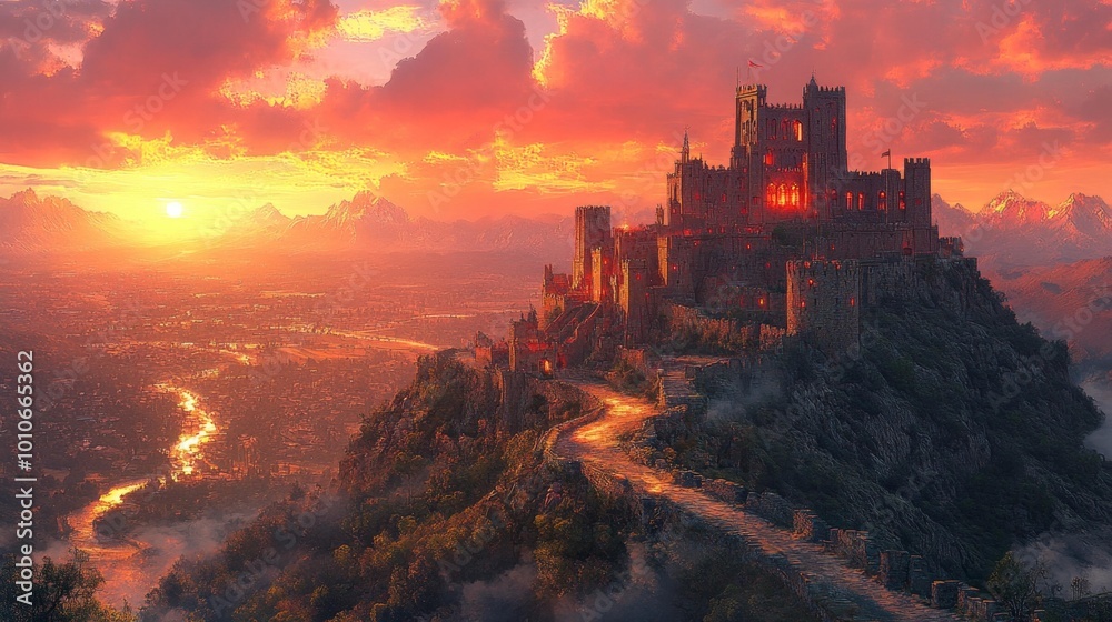 Obraz premium Fantasy Castle on Mountain at Sunset Generative AI