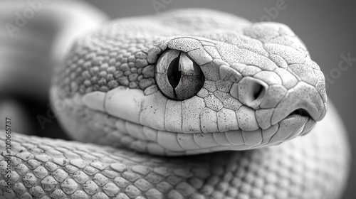 Close-up of a snake's head in black and white.