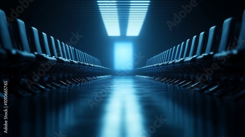 A row of empty jury seats in a futuristic courtroom  glowing holographic projections representing absent jurors  sterile metallic walls  neon blue lights. Sci-fi  digital art