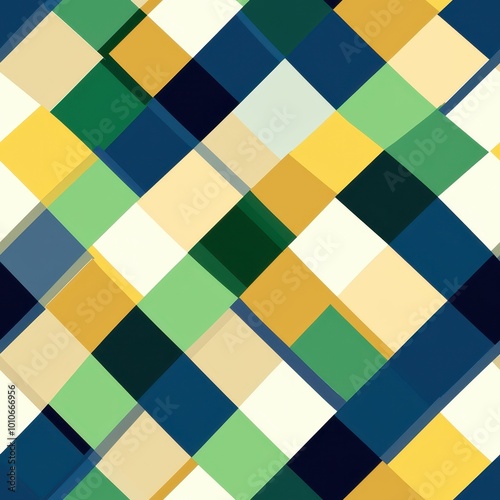 A vibrant abstract pattern made of interlocking squares in various shades of green, blue, yellow, and cream.