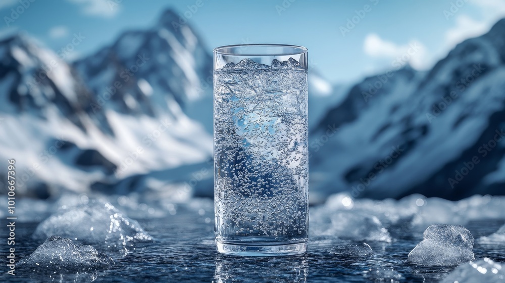A tall glass of cold mountain water, set against a backdrop of dramatic, snow-covered peaks, the glass casting shadows on a frosty surface A tall glass of cold mountain water, set against a backdrop of dramatic, snow-covered peaks, the glass casting shadows on a frosty surface