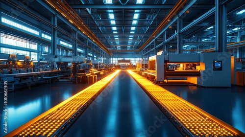 A state-of-the-art CNC production hall  with shining machines and glowing panels  in a futuristic  eco-friendly  and open industrial environment