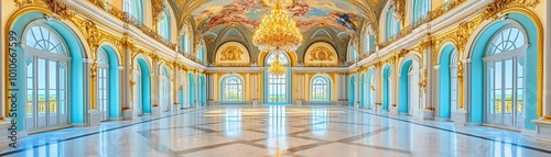 Rococo ballroom with gold accents  intricate wall detailing  large chandeliers reflecting light on marble floors  high vaulted ceiling with painted frescoes