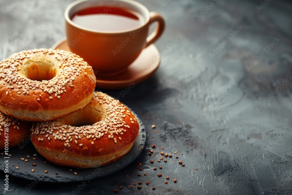 donuts or bagels with sesame seeds and a cup of tea, copy space donuts or bagels with sesame seeds and a cup of tea, copy space