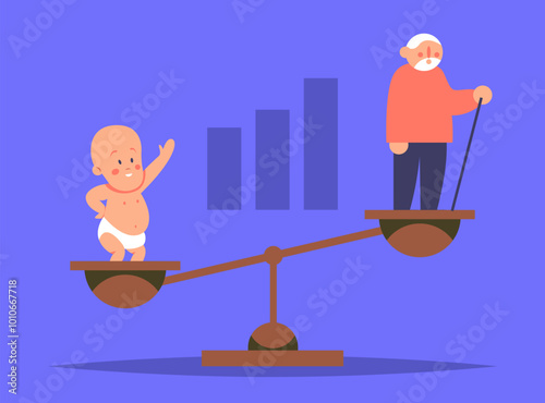 Demographic problems. Increase in the number of old population, aging of the nation, reduced number of newborns, decrease in fertility, mortality outweighs fertility. Flat vector illustration.