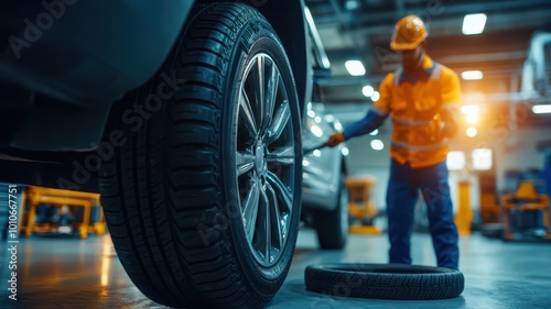 A mechanic in safety gear inspects a vehicle's tire in a garage, demonstrating car maintenance and repair under bright workshop lighting.