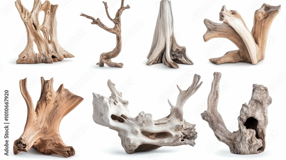 Fototapeta premium A collection of eight different pieces of driftwood, isolated on a white background.