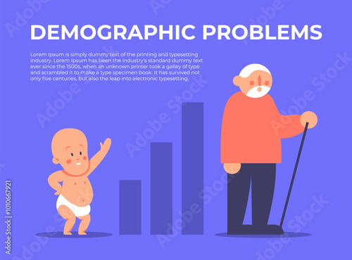 Demographic problems. Diagram, kid and old man. Increase in the number of old population, aging of the nation, reduced number of newborns, decrease in fertility. Flat vector illustration.
