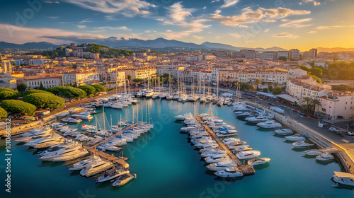 Aerial view of the Old Harbor in Cannes, with boats lined up along the coast , Cannes, Cote d'Azur, France