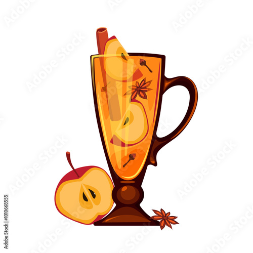 Apple cider, punch with apple slices, cinnamon, anise. Hot winter, fall drink, Christmas punch. Vector illustration.	