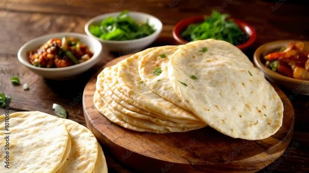 Flatbread tortillas on wooden cutting board with ingredients for tacos and burritos.. AI Generation