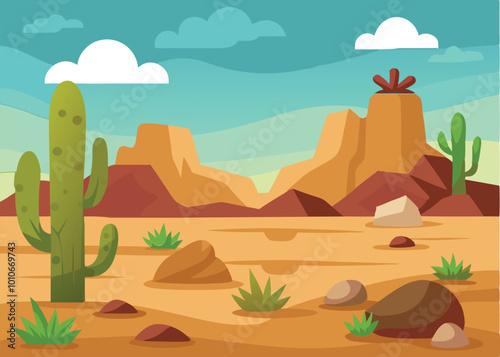Thickets of cacti. Landscape in desert with sand and stones. Rocks and cliffs. Wildlife. Cartoon fun style. Flat design. Vector 