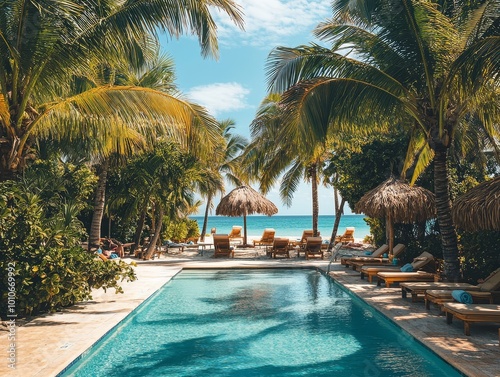 Tropical Resort Pool with Palm Trees and Beach View