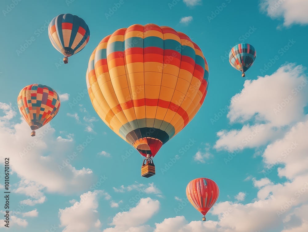 Colorful Hot Air Balloons Soaring Through Blue Sky with Clouds Colorful Hot Air Balloons Soaring Through Blue Sky with Clouds