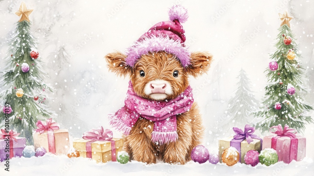 Cute Highland Cow Christmas Illustration with Pink Hat and Scarf Winter Wonderland Water Cute Highland Cow Christmas Illustration with Pink Hat and Scarf Winter Wonderland Water