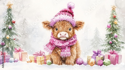 Cute Highland Cow Christmas Illustration with Pink Hat and Scarf Winter Wonderland Water