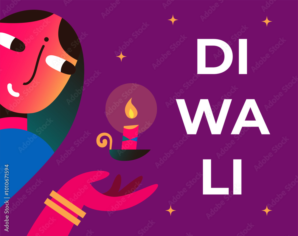 Obraz premium Happy Diwali Hindu festival modern design with Girls hand holding diya, oil lamps and typography. Vector illustration for greeting card, poster, cover, banner.
