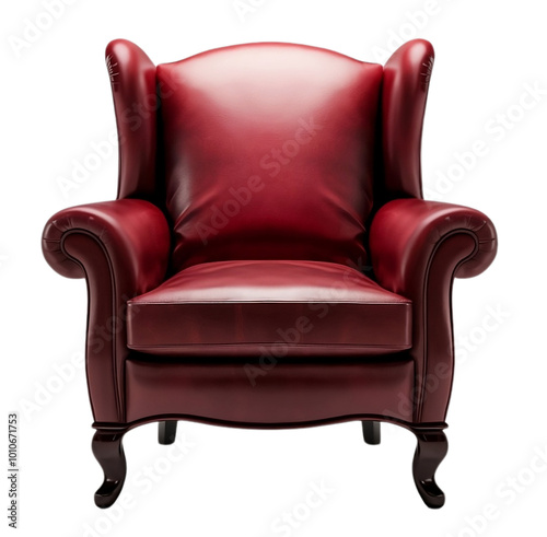 Elegant Red Leather Armchair with Classic Design on a Transparent Background