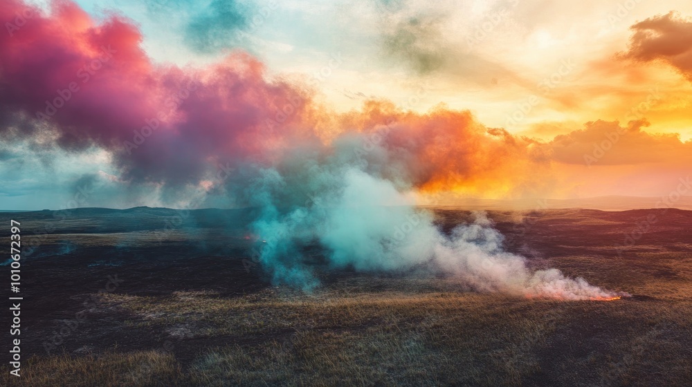 Colorful Smoke Against a Vibrant Sunset Sky Colorful Smoke Against a Vibrant Sunset Sky