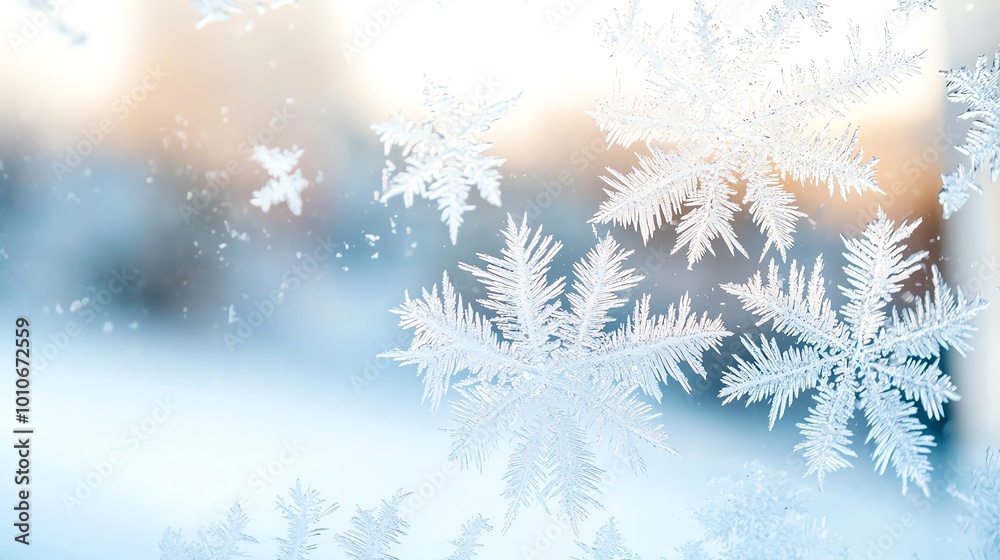 a close-up of ice crystals forming on a window, intricate details and ...