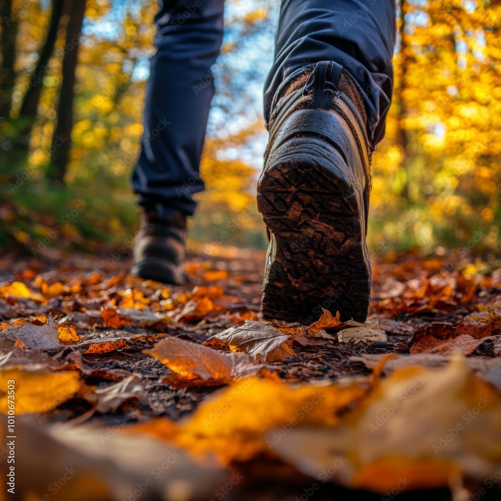 Hiking Boots on Autumn Trail Closeup of Foot Stepping on Fall Leaves Hiking Boots on Autumn Trail Closeup of Foot Stepping on Fall Leaves