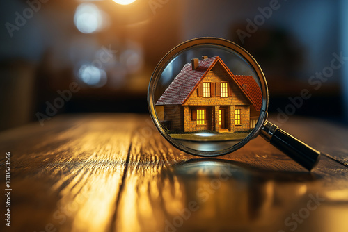 A magnifying glass hovering over a house model on a wooden table, symbolizing home search and real estate investment