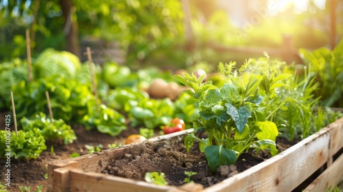 Lush Vegetable Garden in Raised Wooden Bed
