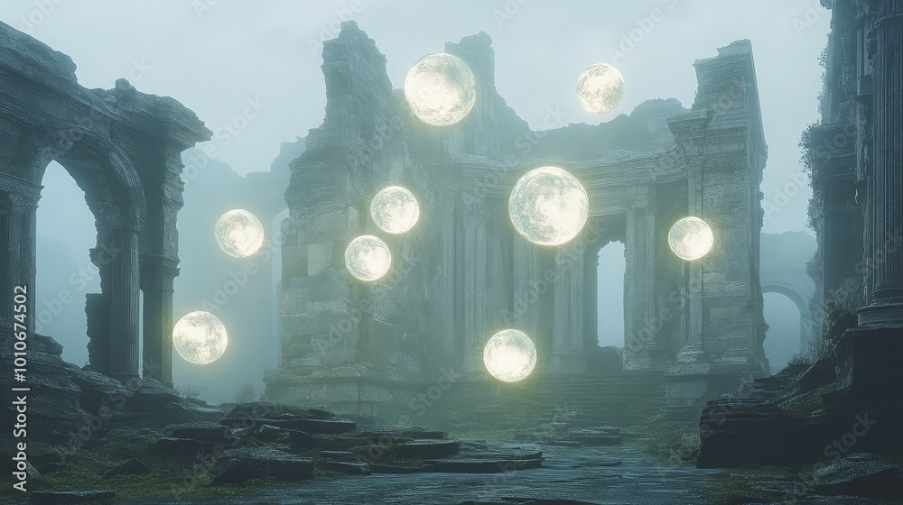 A weathered ancient monument stands amidst floating orbs that glow with soft light, arranged in perfect symmetry above the crumbling ruins. A weathered ancient monument stands amidst floating orbs that glow with soft light, arranged in perfect symmetry above the crumbling ruins.
