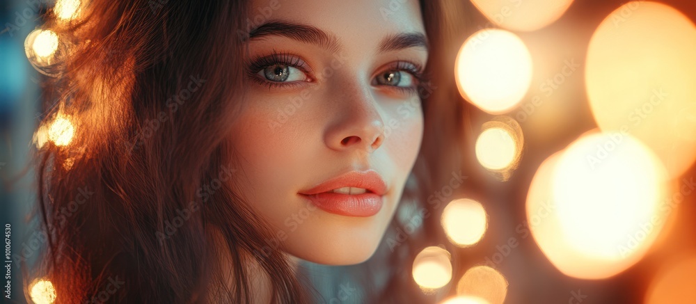 Close-up portrait of a beautiful young woman with long brown hair looking at the camera with warm lights in the background. Close-up portrait of a beautiful young woman with long brown hair looking at the camera with warm lights in the background.
