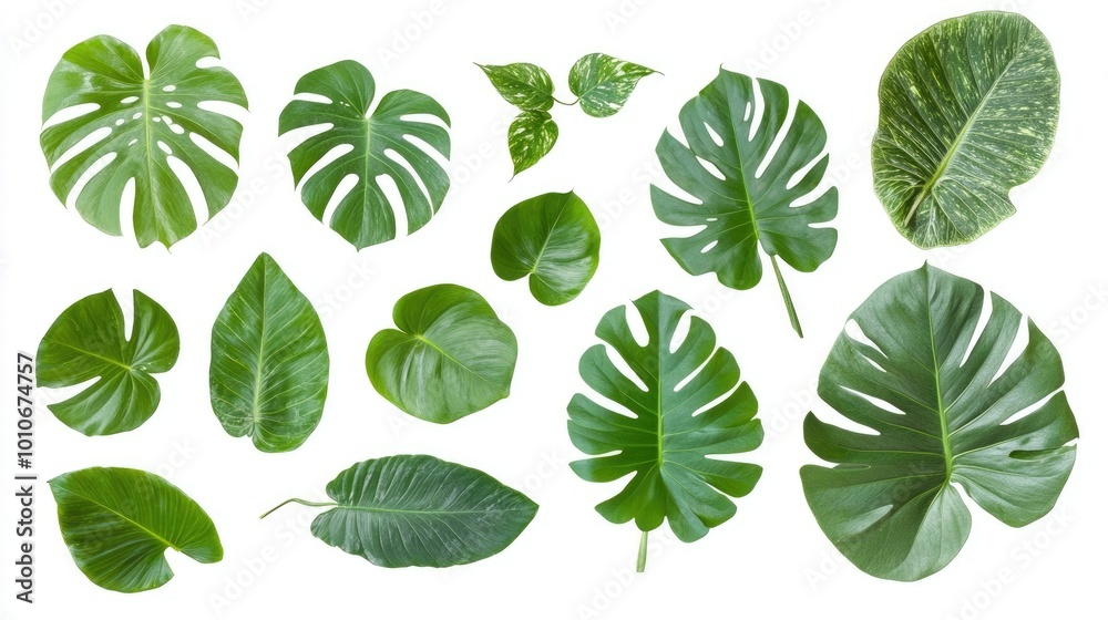 A collection of various green tropical leaves isolated on a white background. A collection of various green tropical leaves isolated on a white background.