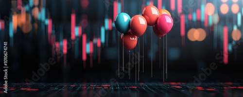 Financial Crisis Imminent - Balloons with Stock Symbols Representing Overbought Market Conditions Ready to Burst photo