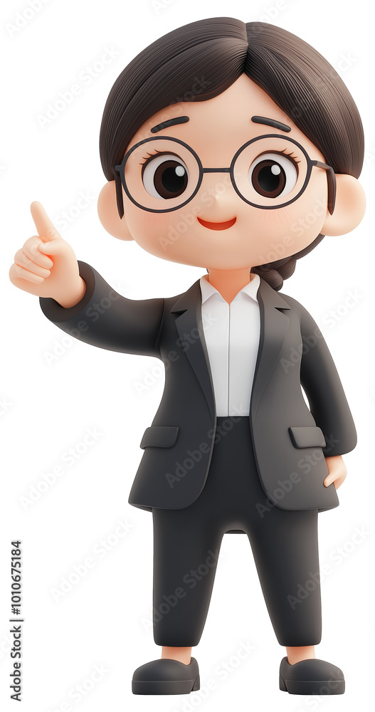 A cheerful character wearing formal attire points positively while standing in a confident pose isolated on transparent background. A cheerful character wearing formal attire points positively while standing in a confident pose isolated on transparent background.