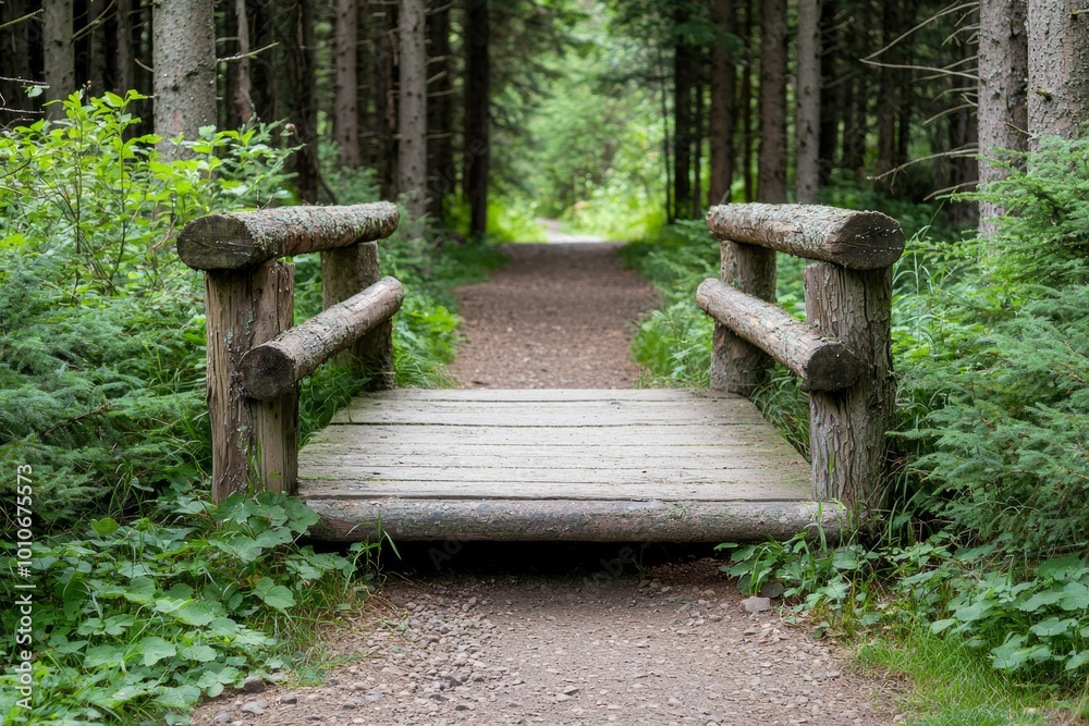 Tranquil Path Through Enchanting Pine Forest to Rustic Wooden Bridge Tranquil Path Through Enchanting Pine Forest to Rustic Wooden Bridge