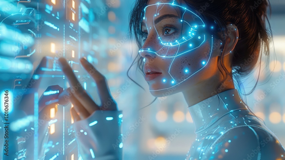 Φωτογραφία Woman, A futuristic AI customer support assistant interacting with holographic customer inquiries, each inquiry being answered in real time, a clean high-tech environment with glowing blue lights
