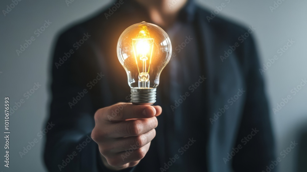 Glowing Lightbulb in Businessman's Hand Symbolizing Innovation and Glowing Lightbulb in Businessman's Hand Symbolizing Innovation and