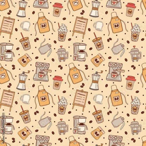 Cafe elements on yellow vector seamless pattern design.