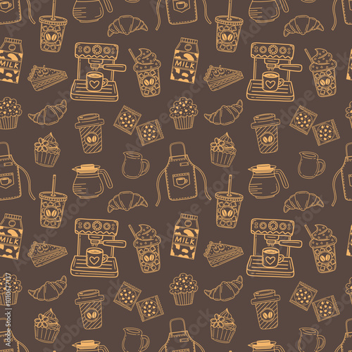 Cafe and bakery treats line art illustration on dark brown vector seamless pattern design.