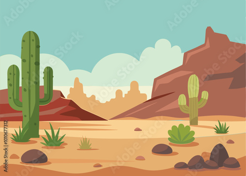 Thickets of cacti. Landscape in desert with sand and stones. Rocks and cliffs. Wildlife. Cartoon fun style. Flat design. Vector 