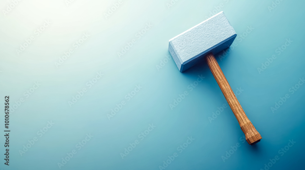 Minimalist composition featuring a hammer lying on a blue backdrop Minimalist composition featuring a hammer lying on a blue backdrop
