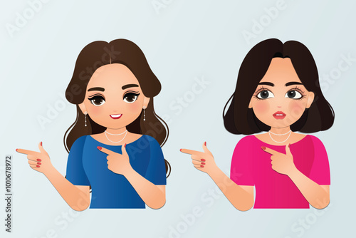 Cute cartoon Young women smiling to while presenting with hand and pointing with finger