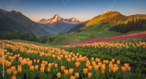 Natural Landscapes Background, Mountain with Tulips Flowers Fields, Sunrise Landscape Wallpaper