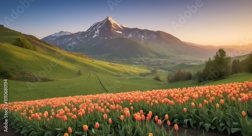 Natural Landscapes Background, Mountain with Tulips Flowers Fields, Sunrise Landscape Wallpaper