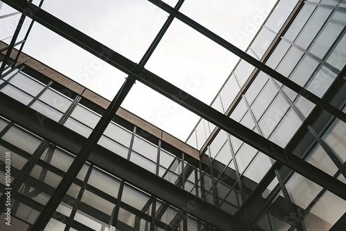 Geometric patterns of black metal frames and glass windows against a bright  overcast sky