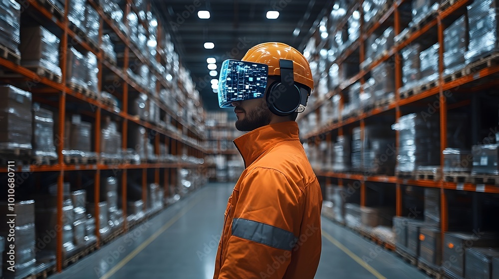 Interior view of a large organized warehouse facility with rows of metal shelving units with various commercial products,containers,and equipment. Interior view of a large organized warehouse facility with rows of metal shelving units with various commercial products,containers,and equipment.