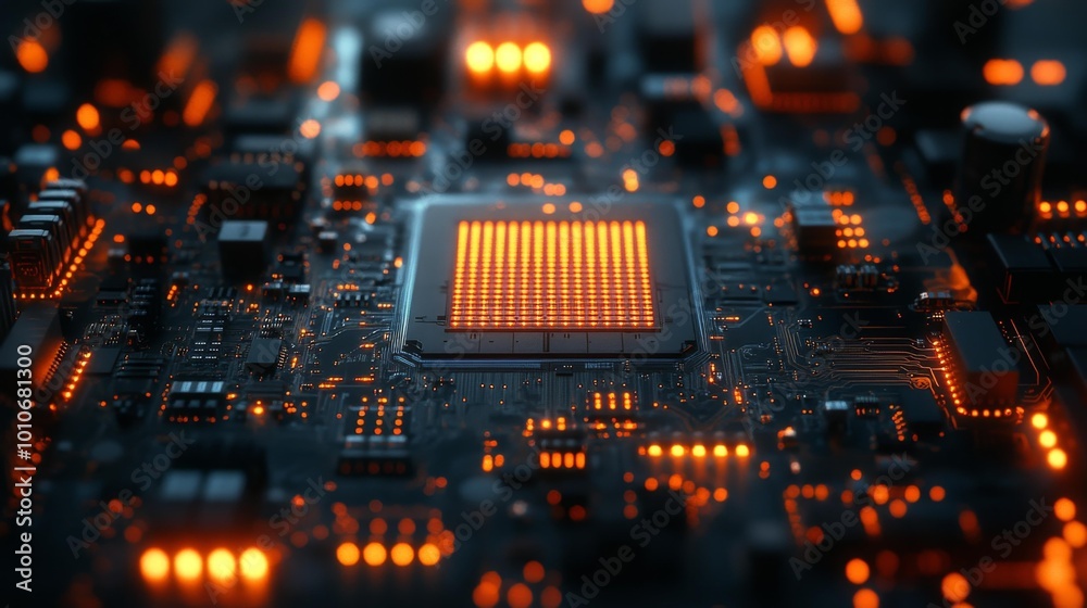 Close-up of Electronic Circuit with Glowing Microchip Generative AI Close-up of Electronic Circuit with Glowing Microchip Generative AI