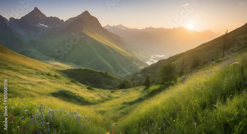 A serene mountain valley unfolds against a backdrop of emerald hills, where greenery sprawls in lush abundance. Landscape Nature Background