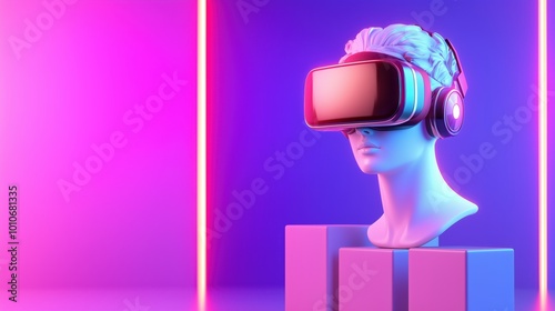 Futuristic Classical Bust Wearing Virtual Reality Headset in Vibrant Neon Lighting