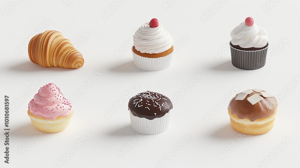 A croissant, two cupcakes, a donut with sprinkles, a chocolate muffin, and a donut with white topping are isolated on a white background. A croissant, two cupcakes, a donut with sprinkles, a chocolate muffin, and a donut with white topping are isolated on a white background.